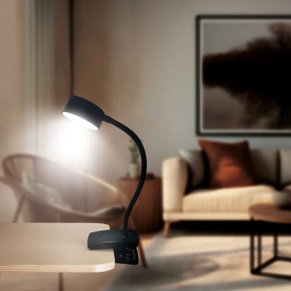 LED регулируема гъвкава презареждаема настолна лампа с клипс LED/2W/1800 mAh 3000/4000/6500K черна