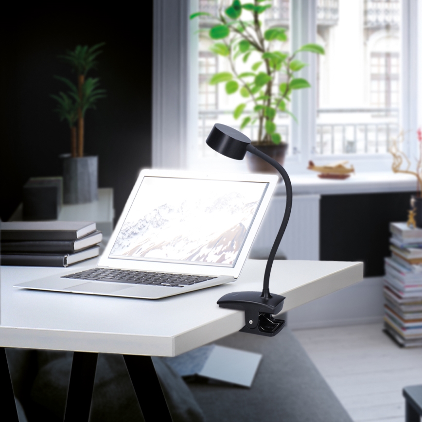 LED регулируема гъвкава презареждаема настолна лампа с клипс LED/2W/1800 mAh 3000/4000/6500K черна