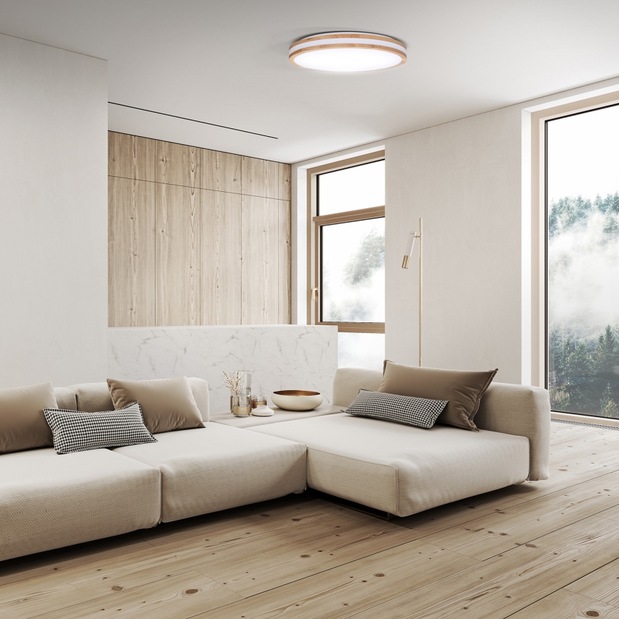 LED Димируем плафон WOODY LED/48W/230V 3000-6500K дъб Ø 38 см + дистанционно управление