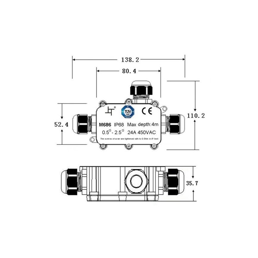 Водоустойчива кутия за свързване 24A/450V AC IP68