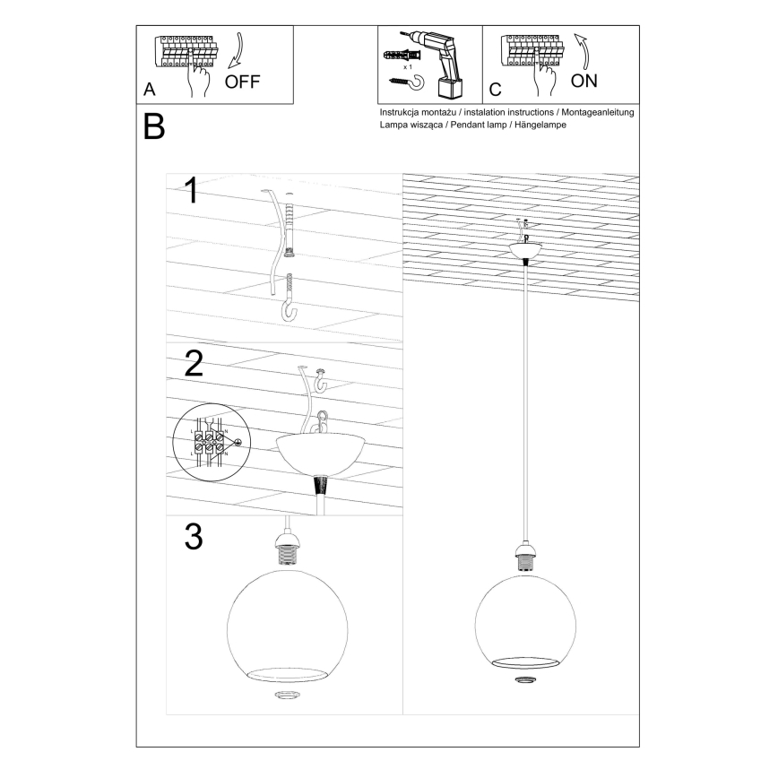 Подвесен полилей BALL с кабел 1xE27/15W/230V Ø 30 cm бял/лъскав хром