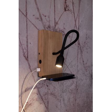LED стенно осветително тяло LECTOR, 2,5 W, 230 V, USB, дъб