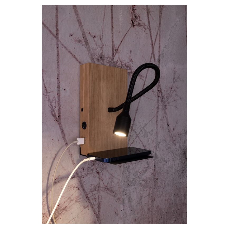 LED стенно осветително тяло LECTOR, 2,5 W, 230 V, USB, дъб