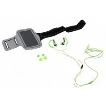 Спортни слушалки с микрофон и калъф за ръка зелени