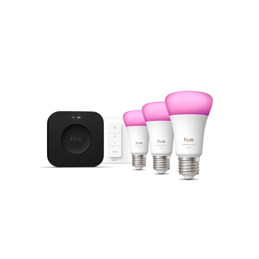 Стартов комплект Philips Hue WHITE AND COLOR AMBIANCE 3xE27/8,1W 1000-20000K + Hue Bridge и димер превключвател