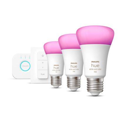 Стартов комплект Philips Hue White and Color Ambiance — 3x E27/9W (2000–6500 K) с Hue Bridge и димер