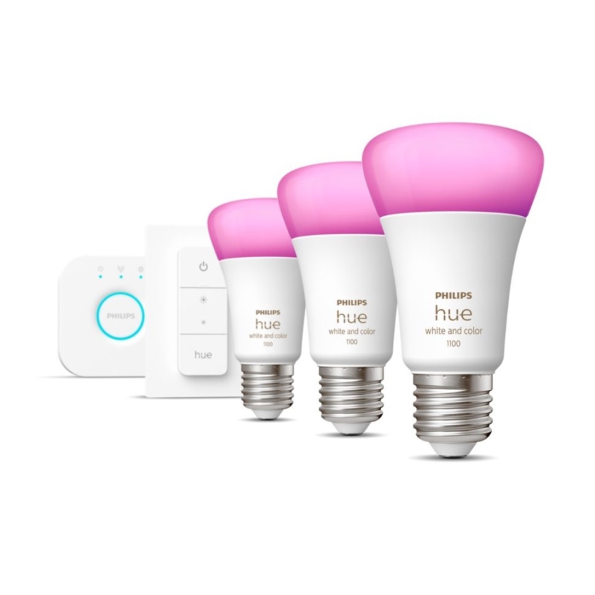 Стартов комплект Philips Hue White and Color Ambiance — 3x E27/9W (2000–6500 K) с Hue Bridge и димер