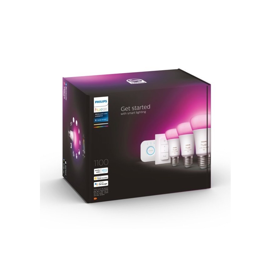 Стартов комплект Philips Hue White and Color Ambiance — 3x E27/9W (2000–6500 K) с Hue Bridge и димер