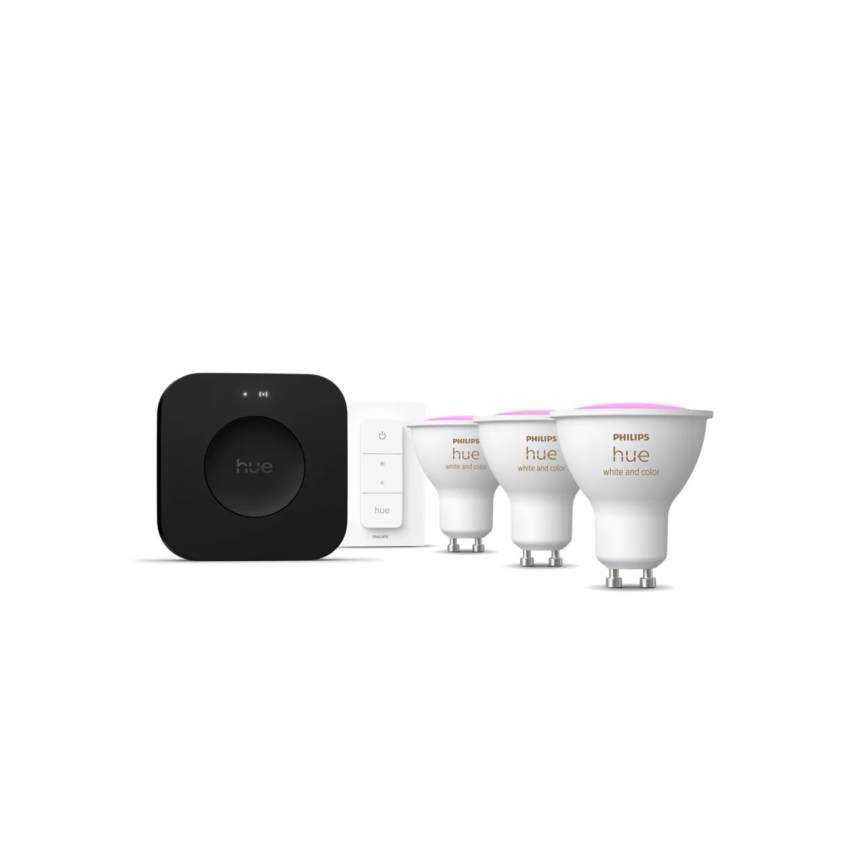 Стартов комплект Philips Hue WHITE AND COLOR AMBIANCE 3xGU10/4,2W 2000-6500K + Hue bridge и димиращ ключ