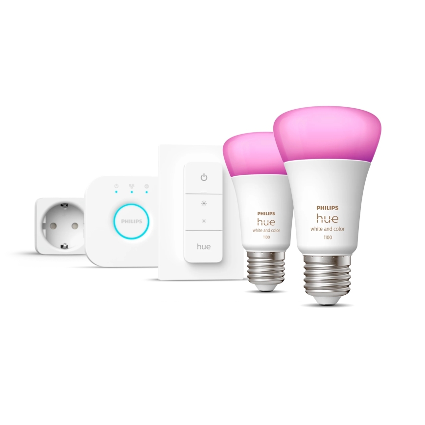 Стартов комплект Philips Hue WHITE AND COLOR AMBIANCE 2xE27/9W/230V 2200-6500K + умен контакт, Hue bridge и димерен ключ