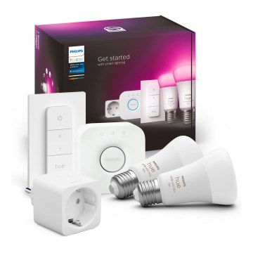 Стартов комплект Philips Hue WHITE AND COLOR AMBIANCE 2xE27/9W/230V 2200-6500K + умен контакт, Hue bridge и димерен ключ