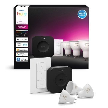 Стартов комплект Philips Hue WHITE AND COLOR AMBIANCE 3xGU10/4,2W 2000-6500K + Hue bridge и димиращ ключ