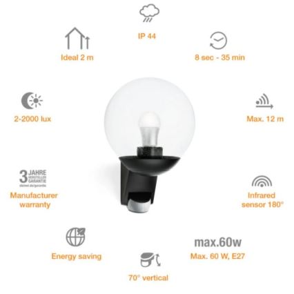 STEINEL 005535 - Екстериорен аплик със сензор L585S 1xE27/60W черен IP44