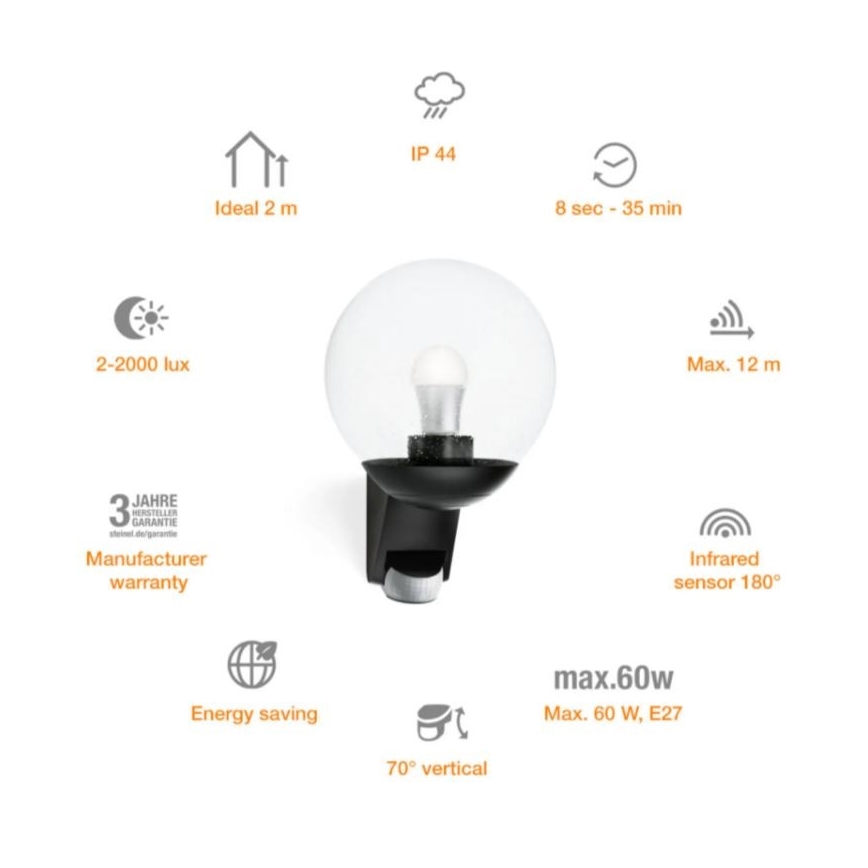 STEINEL 005535 - Екстериорен аплик със сензор L585S 1xE27/60W черен IP44