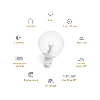 STEINEL 005917 - Екстериорен аплик със сензор L585S 1xE27/60W бял IP44