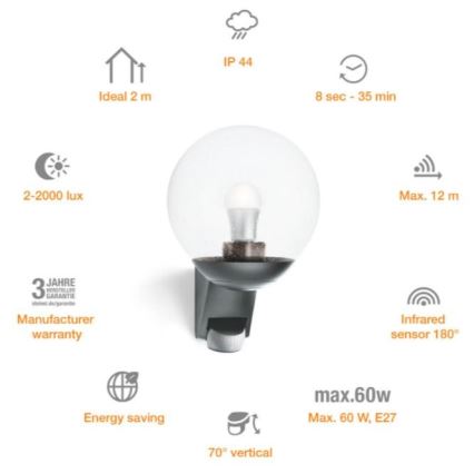 Steinel 035723 - Екстериорен аплик със сензор L585S 1xE27/60W/230V IP44