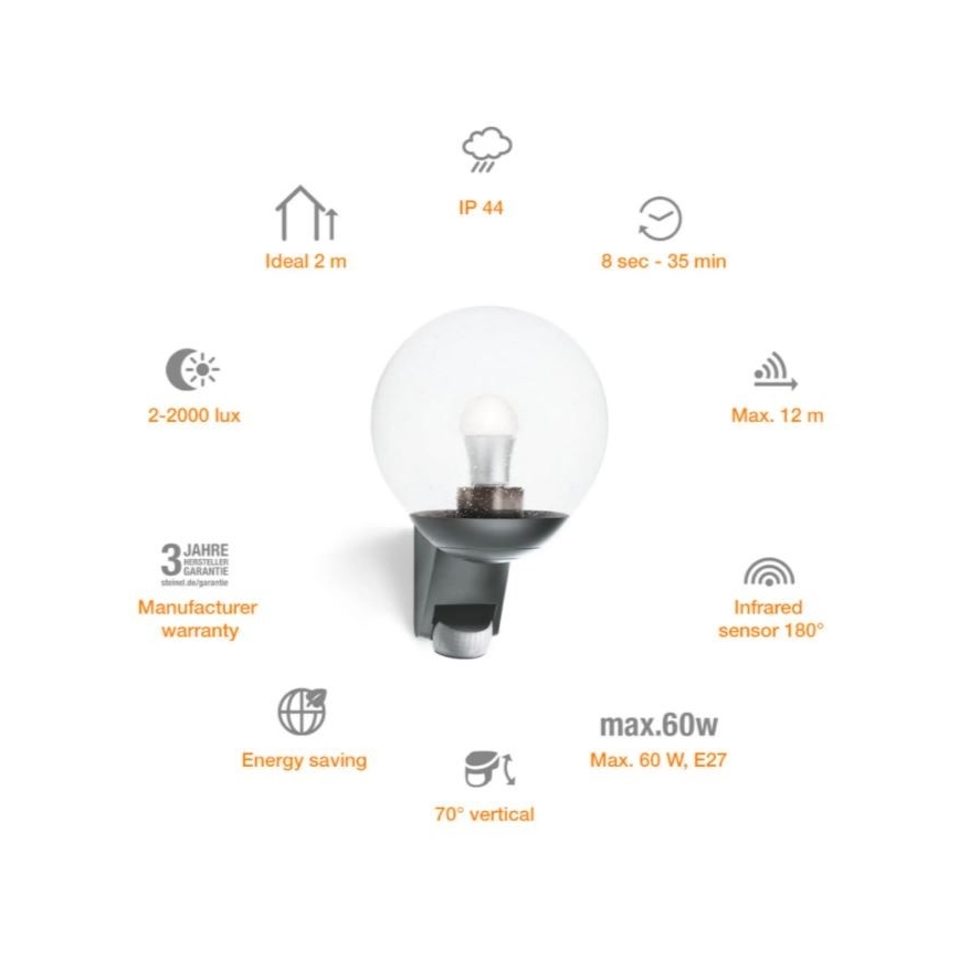 Steinel 035723 - Екстериорен аплик със сензор L585S 1xE27/60W/230V IP44