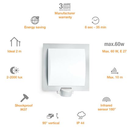 Steinel 566814 - Екстериорен аплик със сензор 1xE27/60W/240V L 20 S IP44