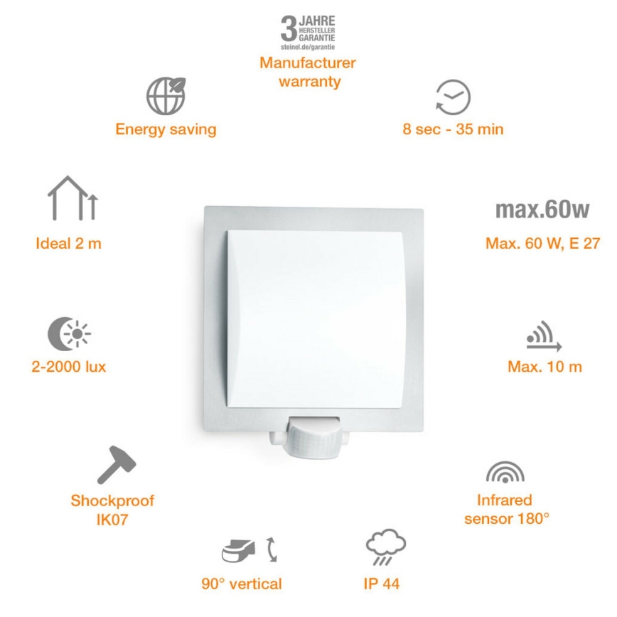 Steinel 566814 - Екстериорен аплик със сензор 1xE27/60W/240V L 20 S IP44
