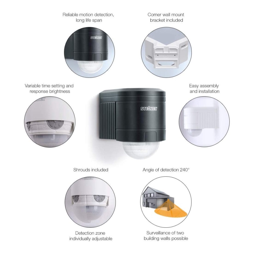 STEINEL 602710 - Екстериорен инфрачервен стенен сензор IS240 антрацит IP54