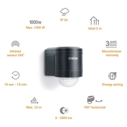 STEINEL 602710 - Екстериорен инфрачервен стенен сензор IS240 антрацит IP54