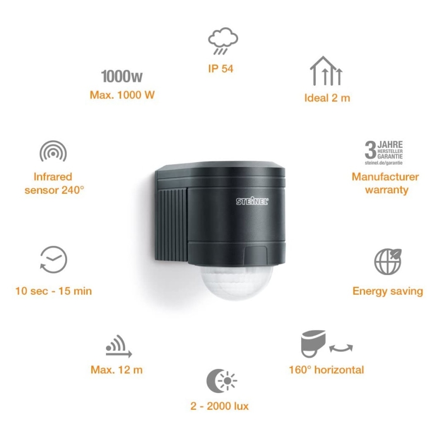 STEINEL 602710 - Екстериорен инфрачервен стенен сензор IS240 антрацит IP54