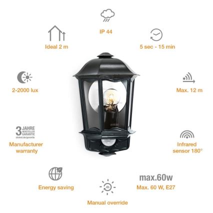 Steinel 644413 - Екстериорен аплик със сензор L 190 S 1xE27/100W/230V IP44