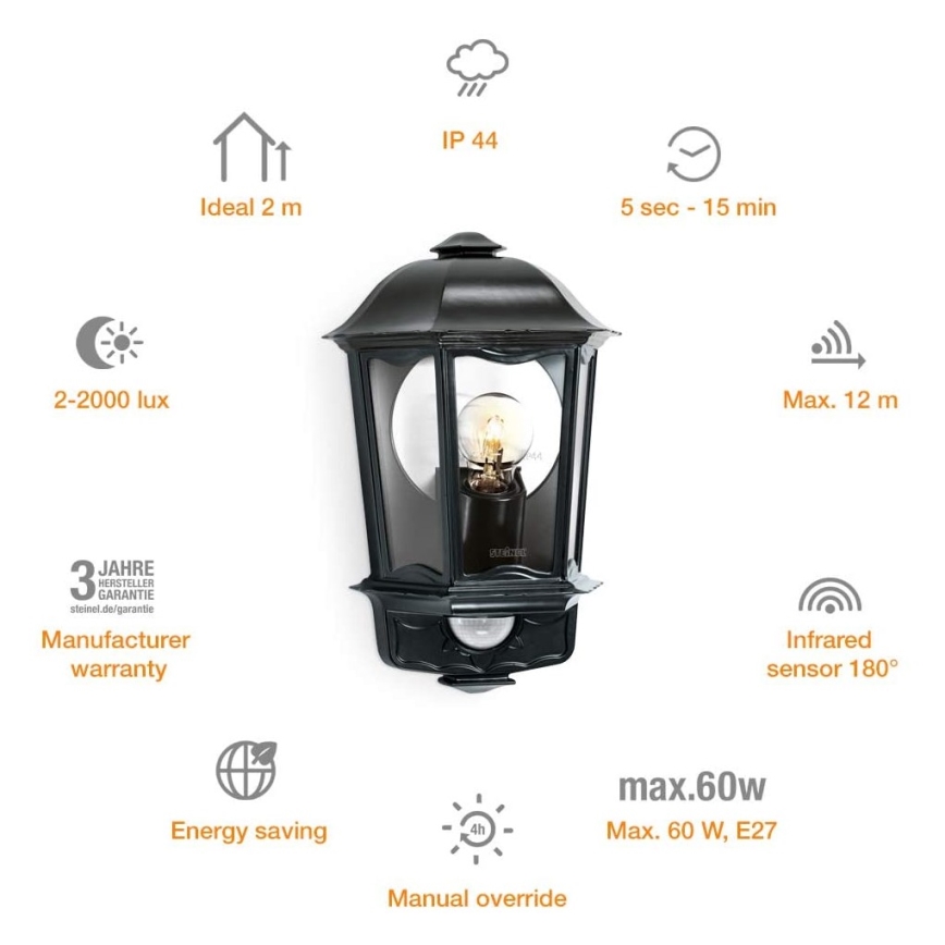 Steinel 644413 - Екстериорен аплик със сензор L 190 S 1xE27/100W/230V IP44