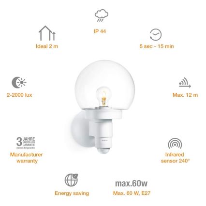 Steinel 657413 - Екстериорен аплик със сензор L 115 S 1xE27/60W/230V IP44