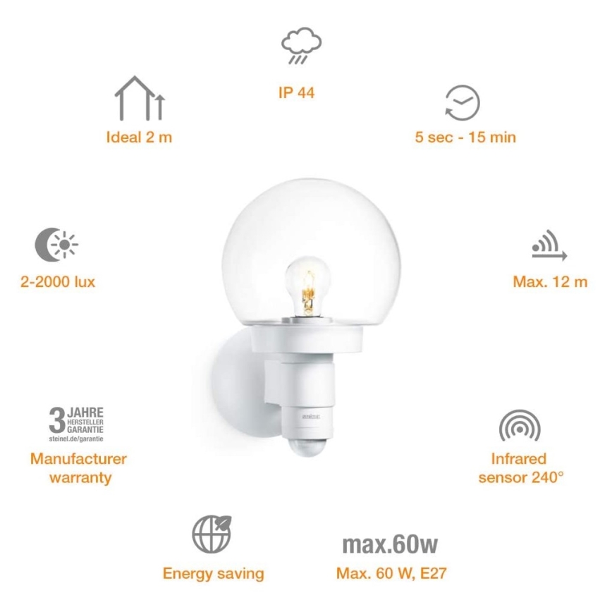 Steinel 657413 - Екстериорен аплик със сензор L 115 S 1xE27/60W/230V IP44