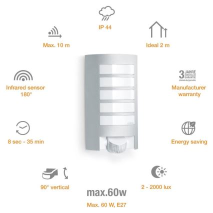 Steinel 657918 - L12S Екстериорен аплик със сензор 1xE27/60W/230V IP44