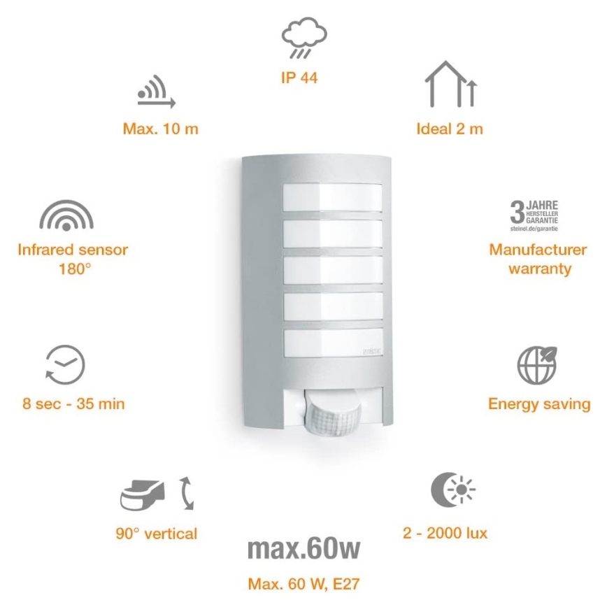 Steinel 657918 - L12S Екстериорен аплик със сензор 1xE27/60W/230V IP44