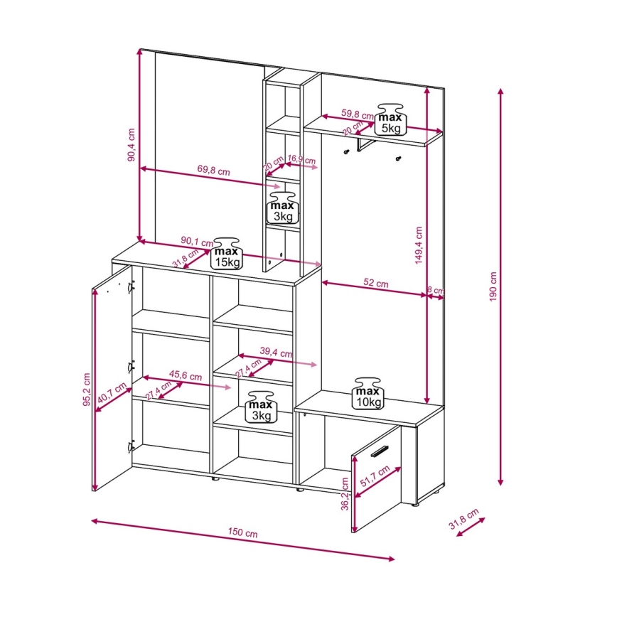 Стена за антре с огледало KEVIN кафява/черна