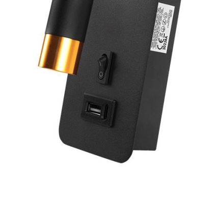 Стенен спот с USB зарядно 1xG9/35W/230V черен/златист
