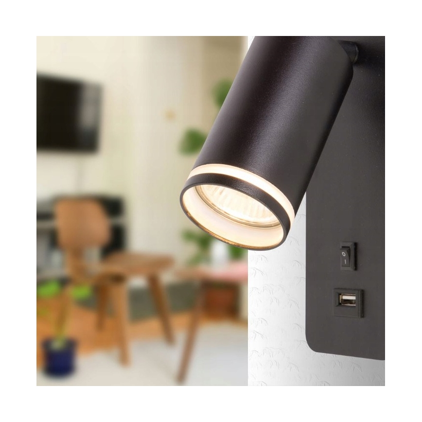 Стенен спот с USB зарядно 1xGU10/35W/230V черен