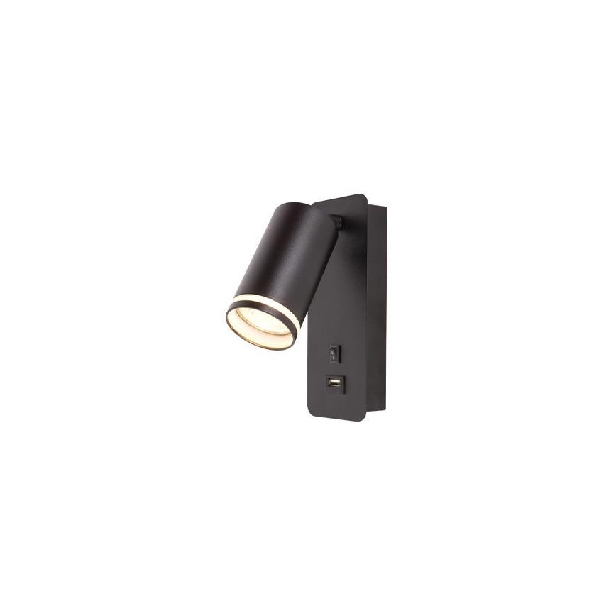 Стенен спот с USB зарядно 1xGU10/35W/230V черен