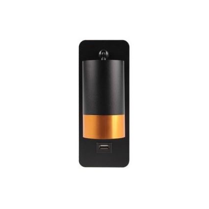 Стенен спот с USB зарядно 1xGU10/35W/230V черен/златист