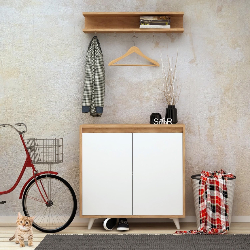 Стенна закачалка OBSOYO 15x80 см + шкаф за обувки 100x80 см кафяв/бял
