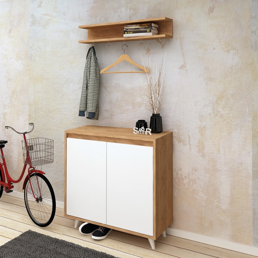 Стенна закачалка OBSOYO 15x80 см + шкаф за обувки 100x80 см кафяв/бял