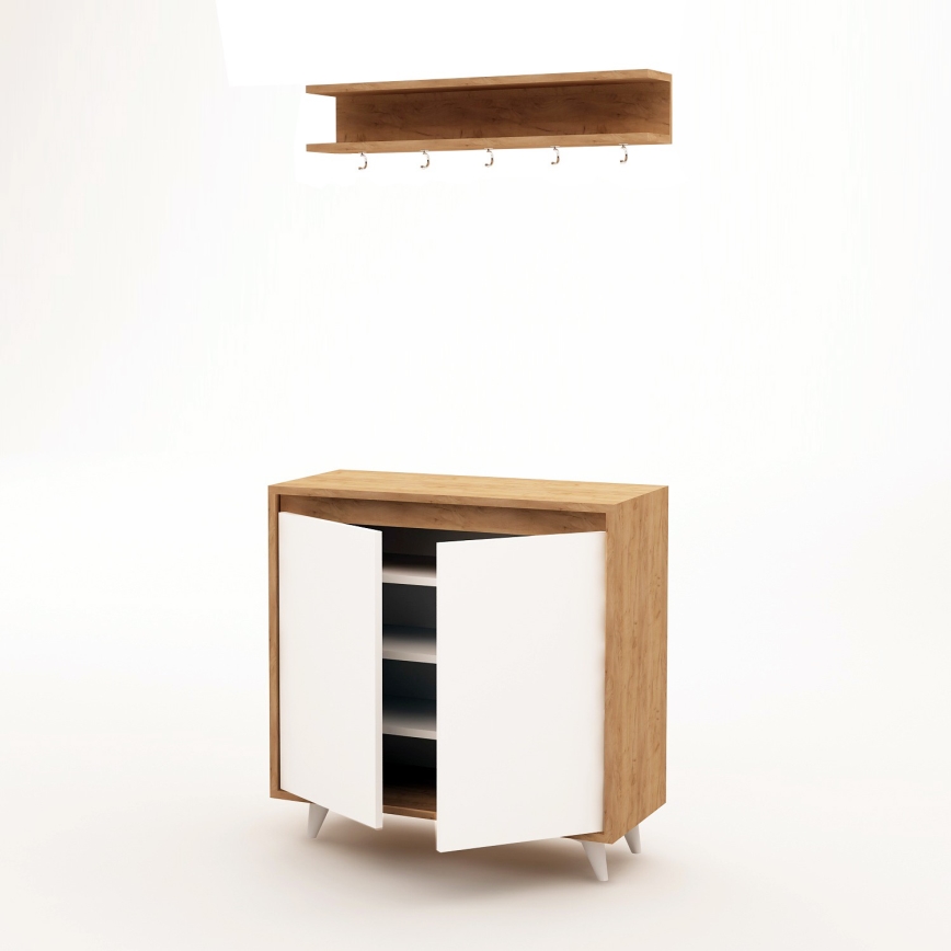 Стенна закачалка OBSOYO 15x80 см + шкаф за обувки 100x80 см кафяв/бял
