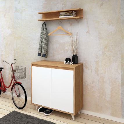 Стенна закачалка OBSOYO 15x80 см + шкаф за обувки 100x80 см кафяв/бял
