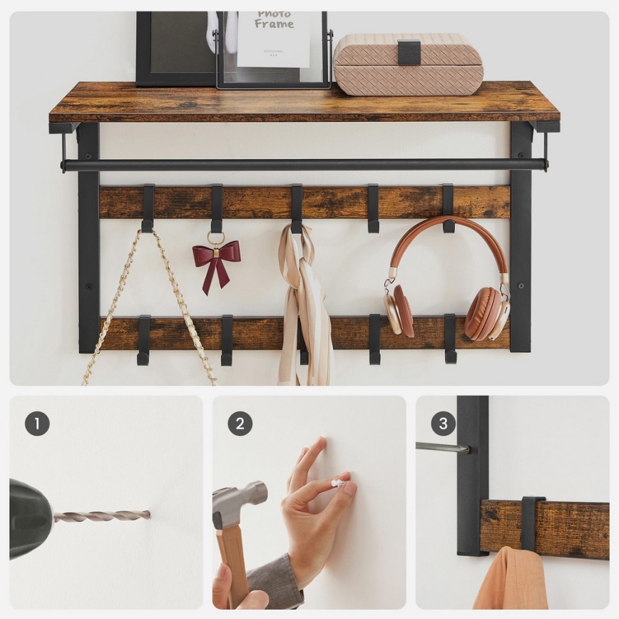 Стенна закачалка с полица NATE, кафява/черна