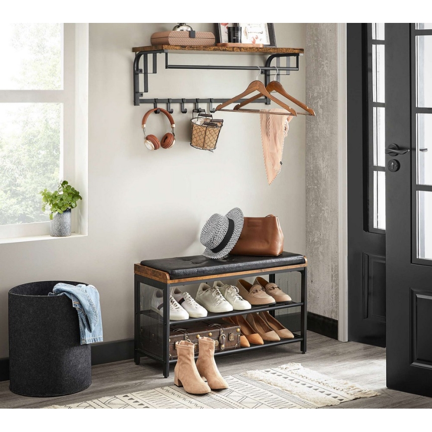 Стенна закачалка с полица NATE, кафява/черна