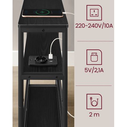 Странична масичка ROD с вградена електрическа розетка и USB портове, черна