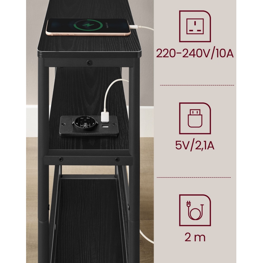 Странична масичка ROD с вградена електрическа розетка и USB портове, черна