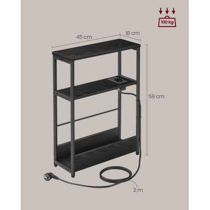 Странична масичка ROD с вградена електрическа розетка и USB портове, черна