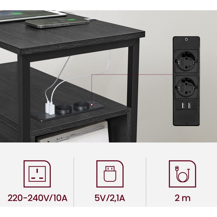 Странична масичка ROD с вградени контакти и USB портове, черна