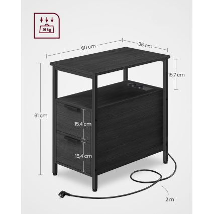 Странична масичка ROD с вградени контакти и USB портове, черна