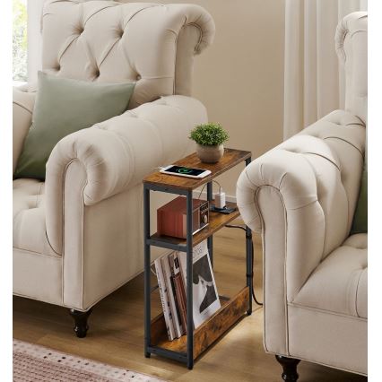 Странична масичка с вградена розетка и USB портове ROD кафява/черна