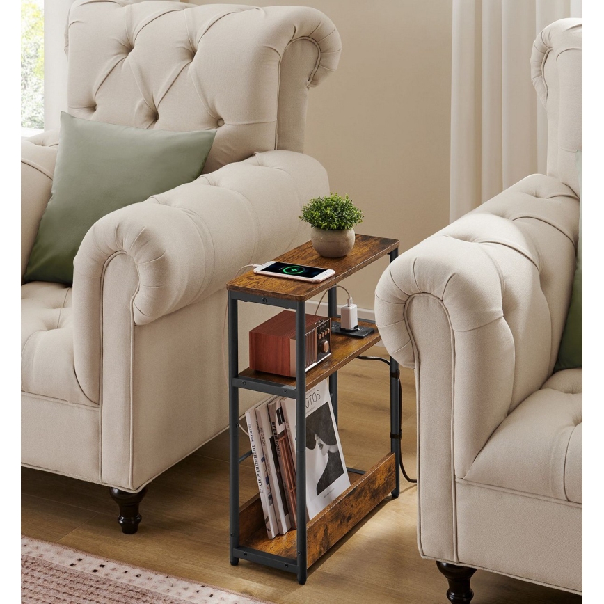 Странична масичка с вградена розетка и USB портове ROD кафява/черна